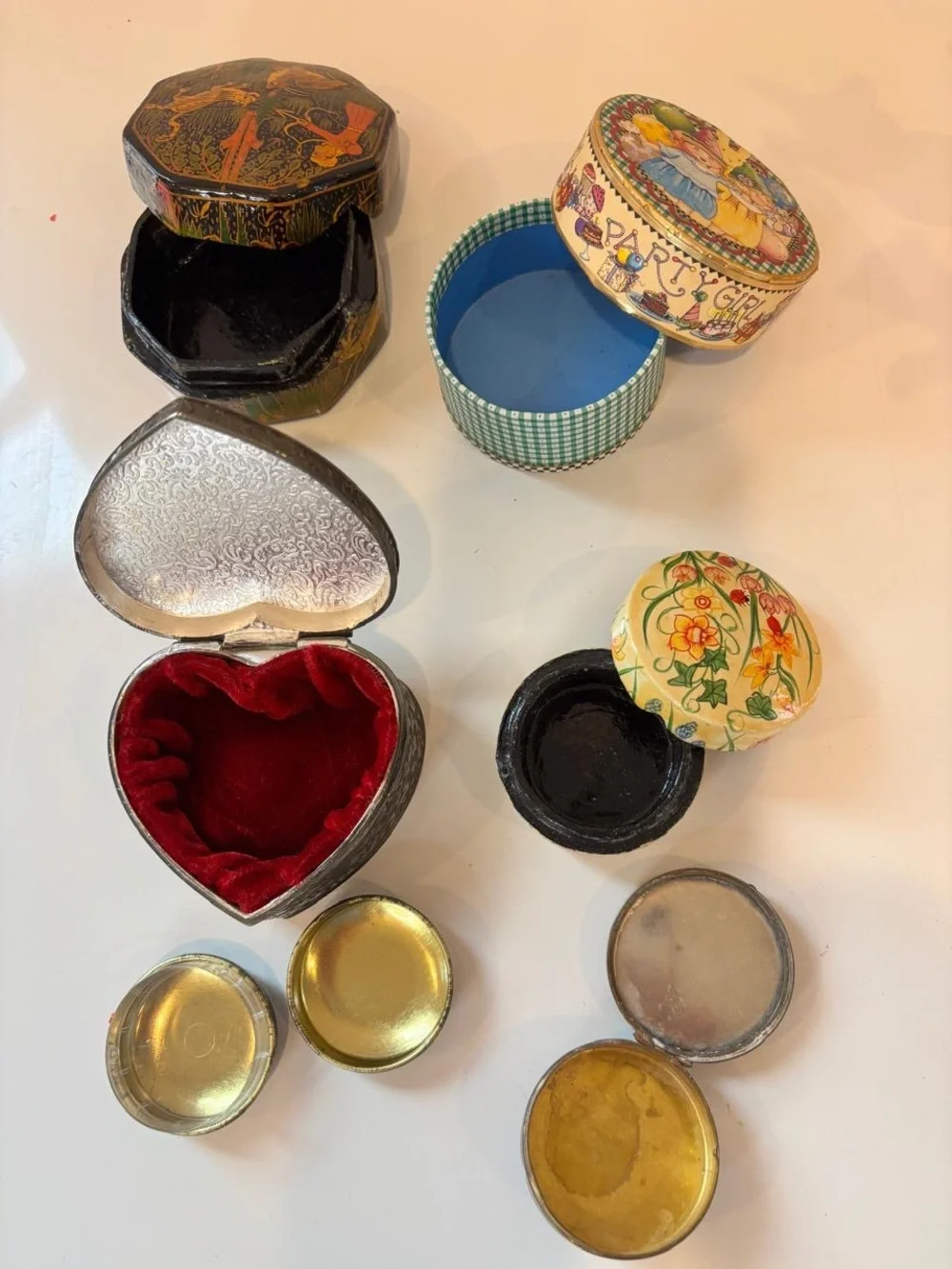 Vintage Box Lot- Kashmiri Papier Mache, Mary Engelbrecht, Heart Velvet, Floral